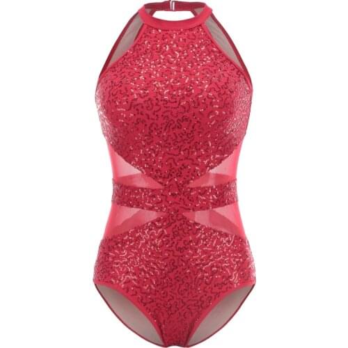 Women Gymnastics Practice Dance Clothes Sequins Mesh Splice Body Suit for Dance Ballet Red Sliver Black