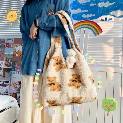 Women Lamb Like Fabric Shoulder Tote Bag Canvas Fluffy Fur Bear Handbags Large Capacity Soft Shopping Bags Girls Cute School Bag