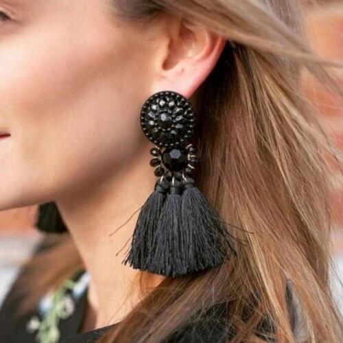 Bohemian Tassel Crystal Long Drop Earrings for Women Colorful Cotton Silk Fabric Fringe Earrings Fashion Woman Jewelry 2020