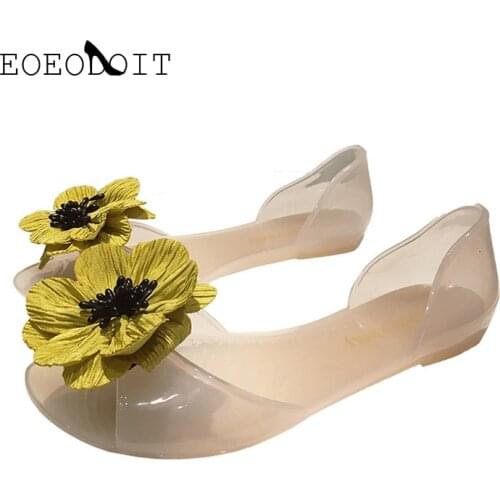 EOEODOIT Women Sweet Summer Sandals Peep Toe Shallow Flat Heel Beach Sand Flats With Camellia Flower