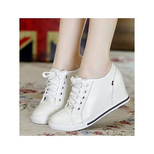 Pop-Tideing !Black+White Women Genuine Leather Shoes Woman Fashion Hidden Wedge Heel Lace Up Casual Shoes Size22-61