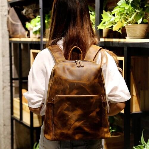 Retro Genuine Leather Women Backpack 14" Laptop Bag Female Small Travel Backpacks Crazy Horse Leather Schoolbag Shoulder Bags