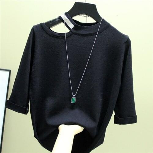 Fashion The New Hollow out stripes O-neck Half sleeve sweater bottoming shirt womens loose thin pullover summer Style