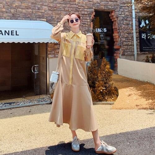 Fashion Splice Ruffles Shirt Style Fishtail Dress for Women Elegant Korean Long Sleeve Oversize Loose Casual Party Dresses C101