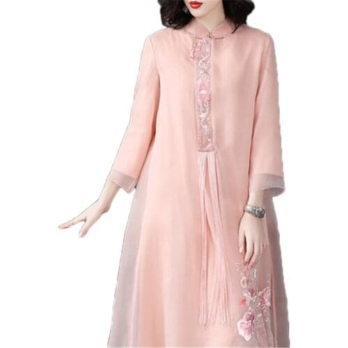 Spring Autumn womens Dresses Chimese Style Embroidery Female Dress Long Sleeve Women Cheongsam loose elegant Long Dress FC30