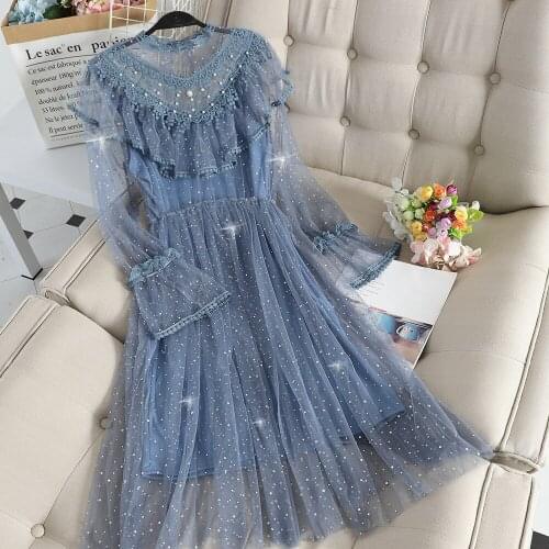 Women O-neck Flare Sleeve Pleated Bling Sequined Pearl Bead Dress Vintage Elastic Slim Mesh Gauze Voile Lace Flower Midi Dress