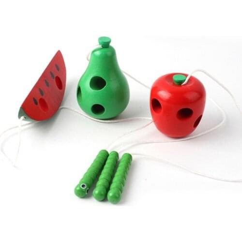 1Pc Montessori Threading Teaching Aid for Activity Center Wooden Simulated Worms with Realistic Fruits Life Skill Learni