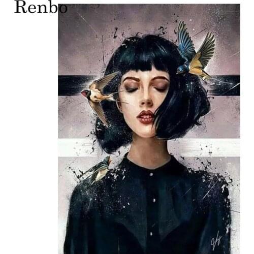 Nordic Style Short Hair Woman Hummingbird 5D Diamond Painting Full Square/Round Diamond Embroidery Home Decor Mosaic Pattern