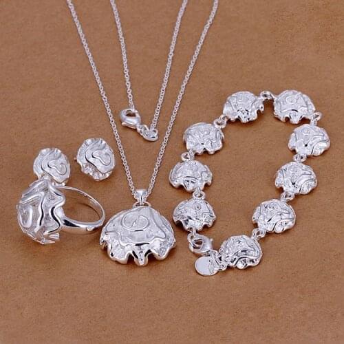 Free Shipping Charm Christma Silver Color Lovely Jewelry Sets Silver Jewelry Rose Ring Stud Earrings Bracelet Necklace S296