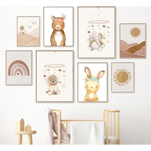 Wall Art Canvas Painting Boho Cute Bear Rabbit Elephant Sun Rainbow Nordic Posters And Prints Wall Pictures Baby Kids Room Decor