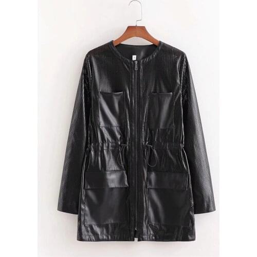 Merodi Fad autumn women stylish faux leather black long jackets outwear female Vogue drawstring waist hollow out pu jacket