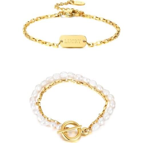 Stainless Steel Minimalism Fashion Delicate Lucky Bar Women Pearl Bracelet Bangle Jewelry Gift For Him