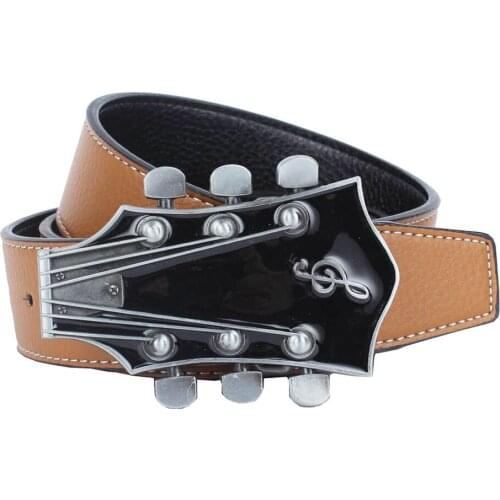 Vintage Style Mens Brown Black Leather Belt With Country Music Guitar Buckle