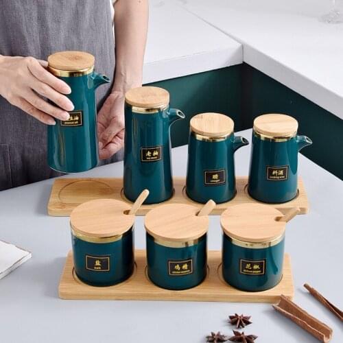 4pcs Japanese Art Luxury Ceramic Dark Green Spice Jar Set Household Oil Salt Sauce Vinegar Bottle Seasoning Box Kitchen Supplies