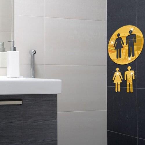 1PC 3D Acrylic Mirror Round Toilet Door Sign Men Women Bathroom WC Black Gold Silver Modern Wood Base Wall Sticker Home Decor