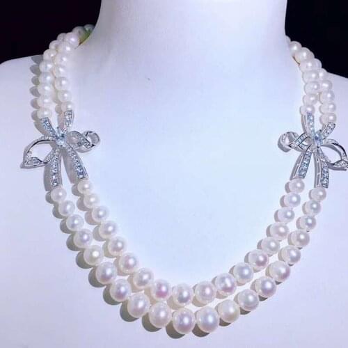 2020 New Double Strands Natural Freshwater Pearl Necklace With Bowknots Decoration S925 Sterling Clasp Gifts For Women