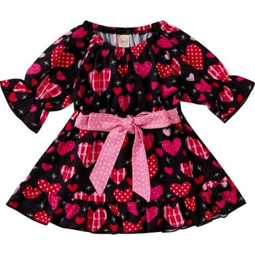 OPPERIAYA Baby Girls Dress Autumn Valentine Heart Print Bowknot Round Neck Dresses for Holiday Birthday Party Vacation Dancing