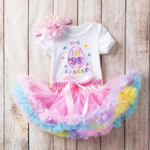 Toddler Infant Baby Girls Embroidery Easter Romper Lovely Rainbow Tulle Skirts Headbands Princess Set Outfits Girl Clothes