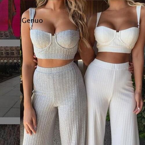 Ribbed Knitted crop top camisole flares trousers 2 piece set solid color casual suit fashion Comfortable outfit