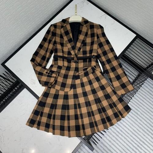 Plaid Luxury Khaki Jacket England Vintage Style Mini Pleated Skirt and Slim Long Sleeves Blazer Suit Womens 2 Pieces Set