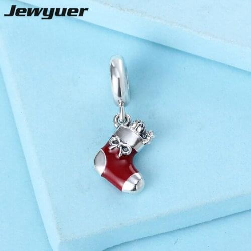 Christmas gift Red Enamel Festive Stocking Dangle Charms 925 sterling silver pendant charm fit bracelets DIY fine jewelry DA238