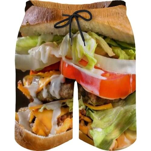 Summer Men Beach Shorts Breathable Quick Dry Humor Graphic Food Full Printed Sports Hamburger Male Shorts