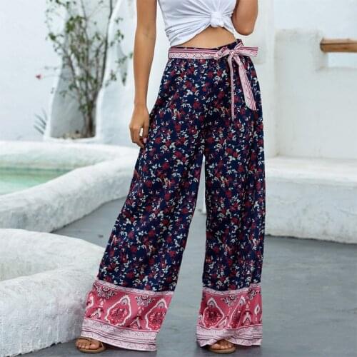 Bohemian Summer Wide Leg Pants Women Vintage Print Bandage Casual Ladies Trouser Streetwear Holiday Beach Boho Pant