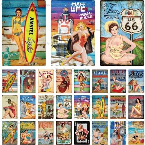 Vintage Metal Signs Pin Up Girl Retro Tin Poster Pub Wall Art Iron Painting For Living Room Home Decoration