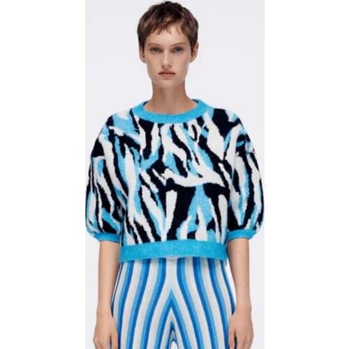 2021 Za womens autumn winter fashion o-neck Pullover animal print sweater Vintage Lantern Sleeve half sleeve sweater