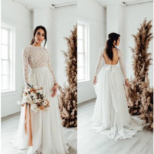 Vintage Boho Wedding Dresses Jewel Neck Lace Appliqued A Line Long Sleeves Gothic Wedding Dress Backless Vestidos De Novia