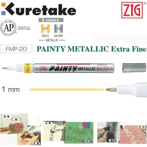 ZIG Kuretake Oil Paint Markers Metallic Painting Pens FMP-20 Painty Extra Fine 1.0 mm Silver Gold Japan
