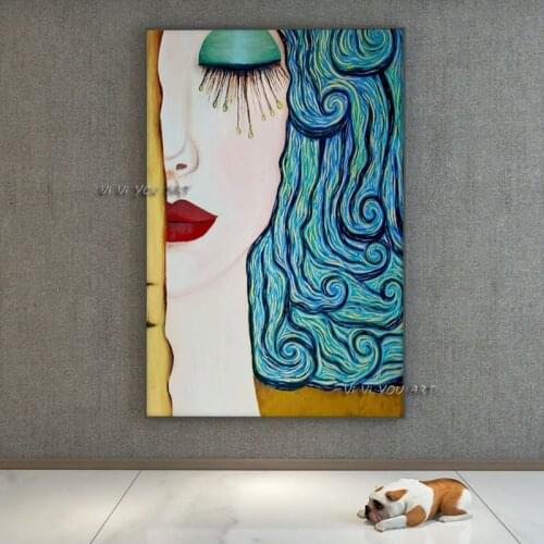100% Handmade Abstract Oil Painting Large Size Canvas Modern Wall Art Minimalist Blue Figure Decoration Living Room