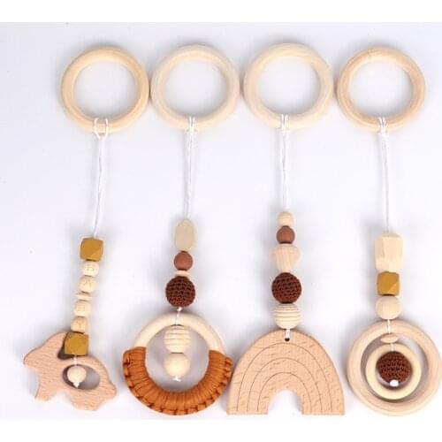 4PCS Nordic Baby Gym Playing Wooden Beads Hanging Toy Nursery Gym Play Accessories Wood Beads Hanging Decor For Kids Room Decor