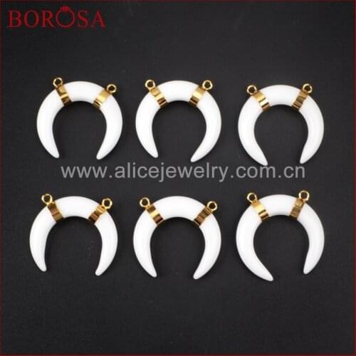 BOROSA 10pcs Druzy Jewelry Tribal OX Horn Gold Color White Crystal Druzy Connector Double Bails G1077