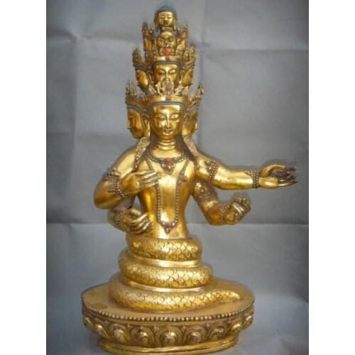 Fast shipping USPS to USA S2434 23" Tibet Tibetan Bronze Gold 5-Heads Snake Naga Kanya Goddess Buddha Statue