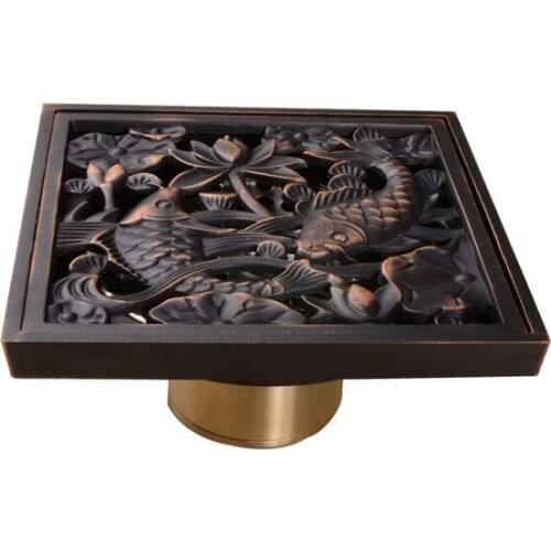 Black Oil Rubbed Brass Carved Flower Dual Fish Animals Pattern Bathroom Shower Drain 4" Square Floor Drain Waste Grates ahr029