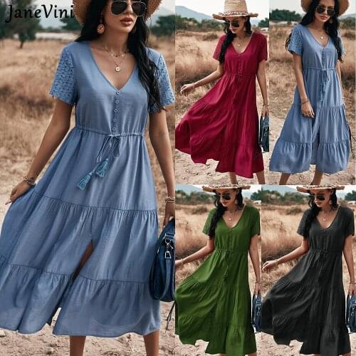 JaneVini 2021 Casual Women Midi Dresses V Neck Buttons Short Sleeves Lace-Up Waist A Line Summer Female Loose Solid Beach Dress