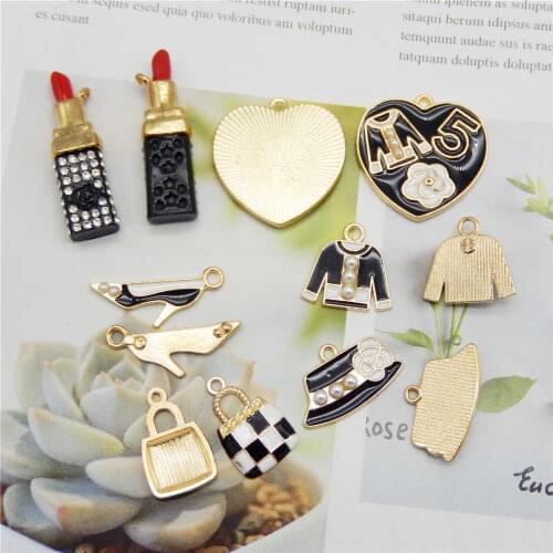 Julie Wang 6PCS Mixed Enamel Charms Black Heart Lipstick Clothes Bag Hat Alloy Girl Supplies Charm Jewelry Making Accessory