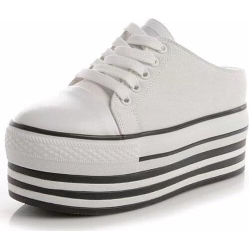 Women Canvas Shoes Lace-up Casual Shoes Platform Wedge Shoes Height Increasing 8CM High Heel Fashion Chunky Sneakers Slippers