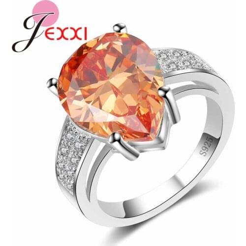 925 Sterling Silver Finger Ring Exquisite Princess Cut Orange Cubic Zircon Jewelry For Women Water droplets shape