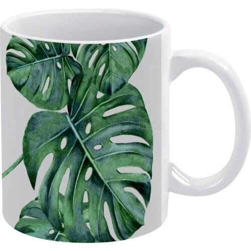 Monstera White Mug 11 Oz Funny Ceramic Coffee/Tea/Cocoa Mug Unique Gift Watercolor Pattern Plant Monstera Leaf Leaves Tropical E
