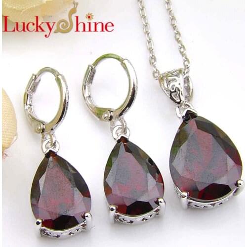 Luckyshine Holiday Gift Drop Fire Red Garnet Crystal Cubic Zirconia 925 Silver Pendants Necklaces Drop Earrings Jewelry Sets