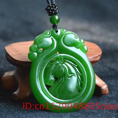 Natural Green Chinese Jade Horse Dragon Pendant Necklace Fashion Charm Jewelry Double-sided Hollow Carved Amulet Gifts for Her
