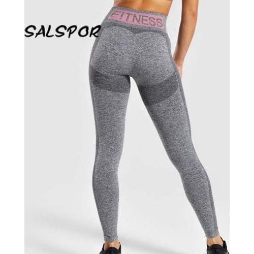 SALSPOR Sport Letter Print Leggings Women Fitness High Waist Gymwear Push Up Ladies Workout Legging Seamless Athletic Pants