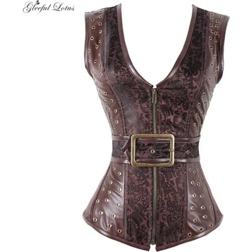 Sexy Steampunk Corset Top Women Vest Corset Sexy Leather Bustier top Overbust Zipper waist trainer Lace Up Brown 12 Steel Boned