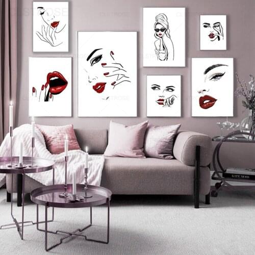 Nordic Fashion Makeup Eyelashes Red Lip Gloss Canvas Painting Modern Sexy Woman Art Posters and Prints Home Decoration Girl Room