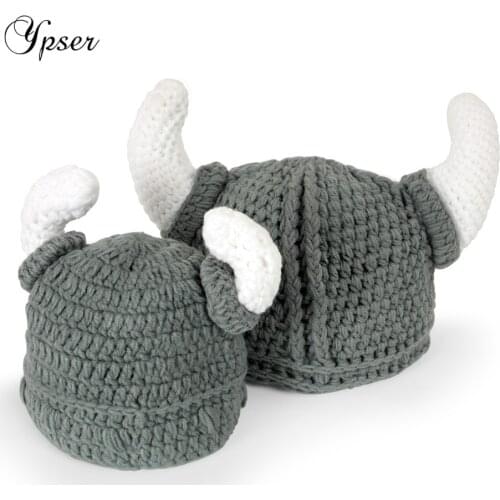 Bulls Cap Cotton Beanie Hat with Horn Warm Winter Bull Caps Handmade Viking Knitted Crochet Beanie Childrens Gift Ypser
