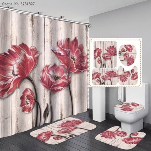 4 Pieces Flower Bathroom Curtains Colorful Home Shower Curtain Set 3D Print Bath Sets Carpet Cover Toilet Cover Bath Mat Pad Set