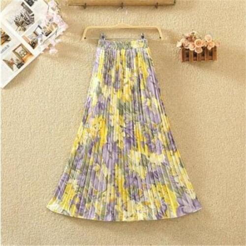 New 2021 Vintage Floral Printed Tulle Pleated Mi-long Women Skirts High Waist Loose Female Umbrella Skirts Spring Summer 296