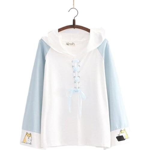 Womens Hooded Sweatshirt Cartoon Print Lace Up Cotton Hoodies 2020 Autumn Winter New Long Sleeve Harakuju Pullover Tracksuits